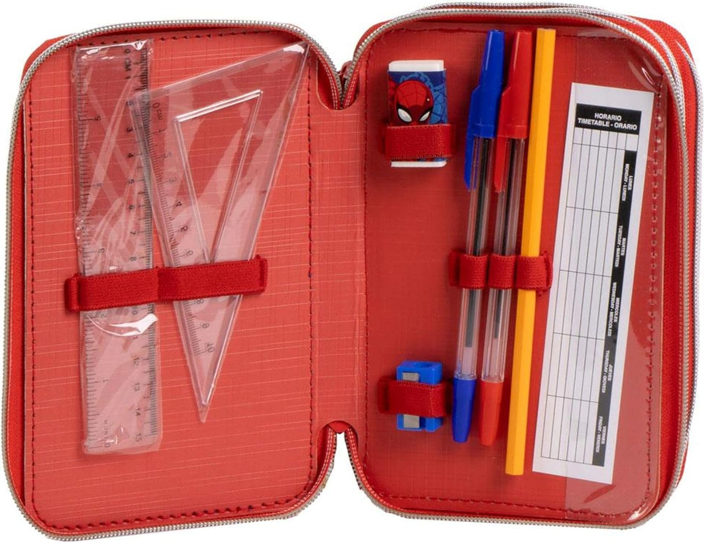 CERDÁ LIFE'S LITTLE MOMENTS Giotto Spiderman pennenetui met viltstiften, balpennen en potloden | drievoudig etui voor kinderen met Marvel-design, Spiderman, 12.5x6.5x19.5 cm, Gelicentieerd product