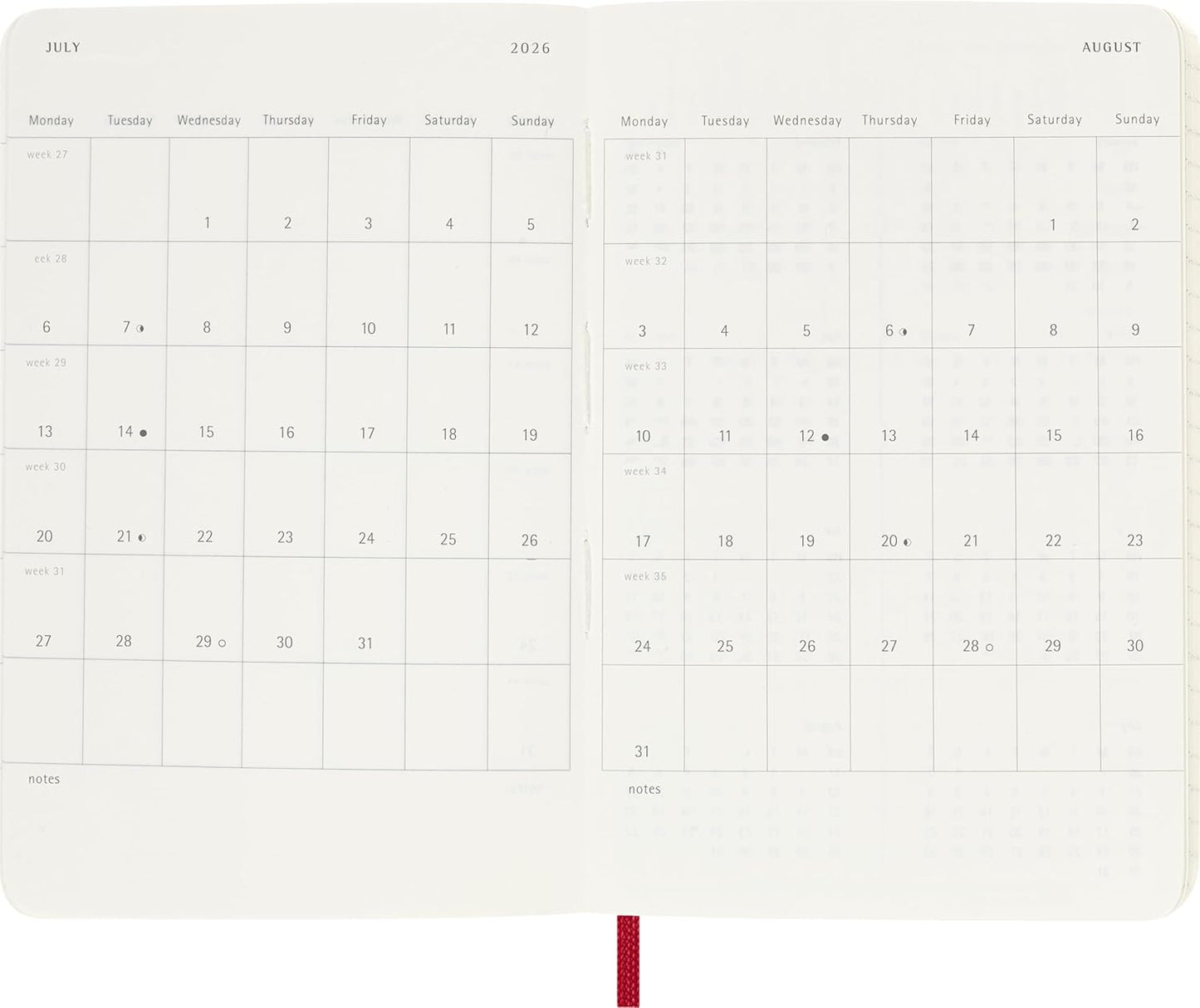 Moleskine Daily Planner, Daily Agenda 2026 12 Months, With Soft Cover and Elastic Closure, Pocket Size 9x14, Red Color