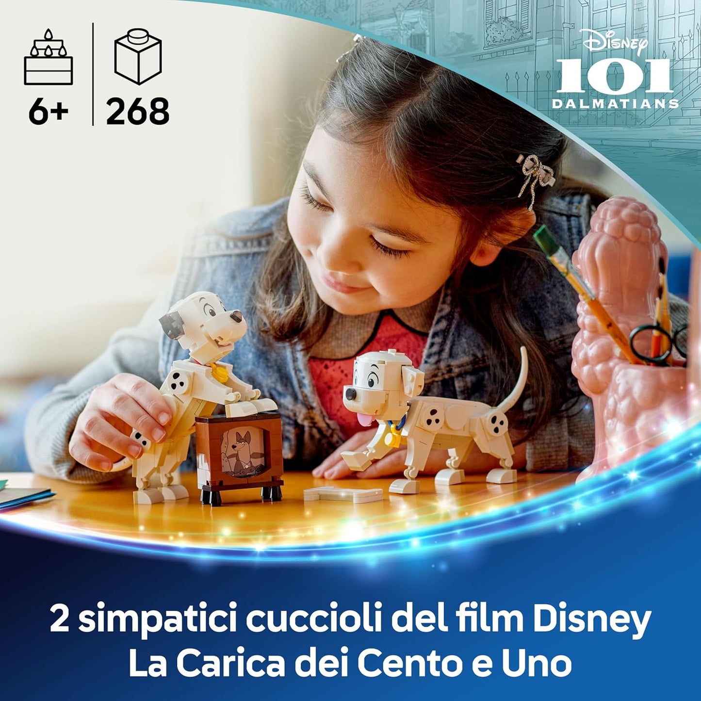 LEGO ǀ Disney Lucky & Penny 101 Dalmatians Puppies Toy - Play & Display Animal Figures with Movable Heads, Legs & Tails - incl. a Bone and TV - Gift for 6+ Year Old Girls 43271