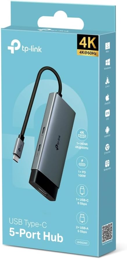 TP-Link UH5020C USB C Hub, 5 in 1 USB C to HDMI Docking Station, 4K HDMI Adapter, 2 USB-A Ports Dock, USB C 3.0 Multiport Adapter, 100W Fast Charging, Aluminum USB Type C Splitter for Laptop/Xbox/PS5