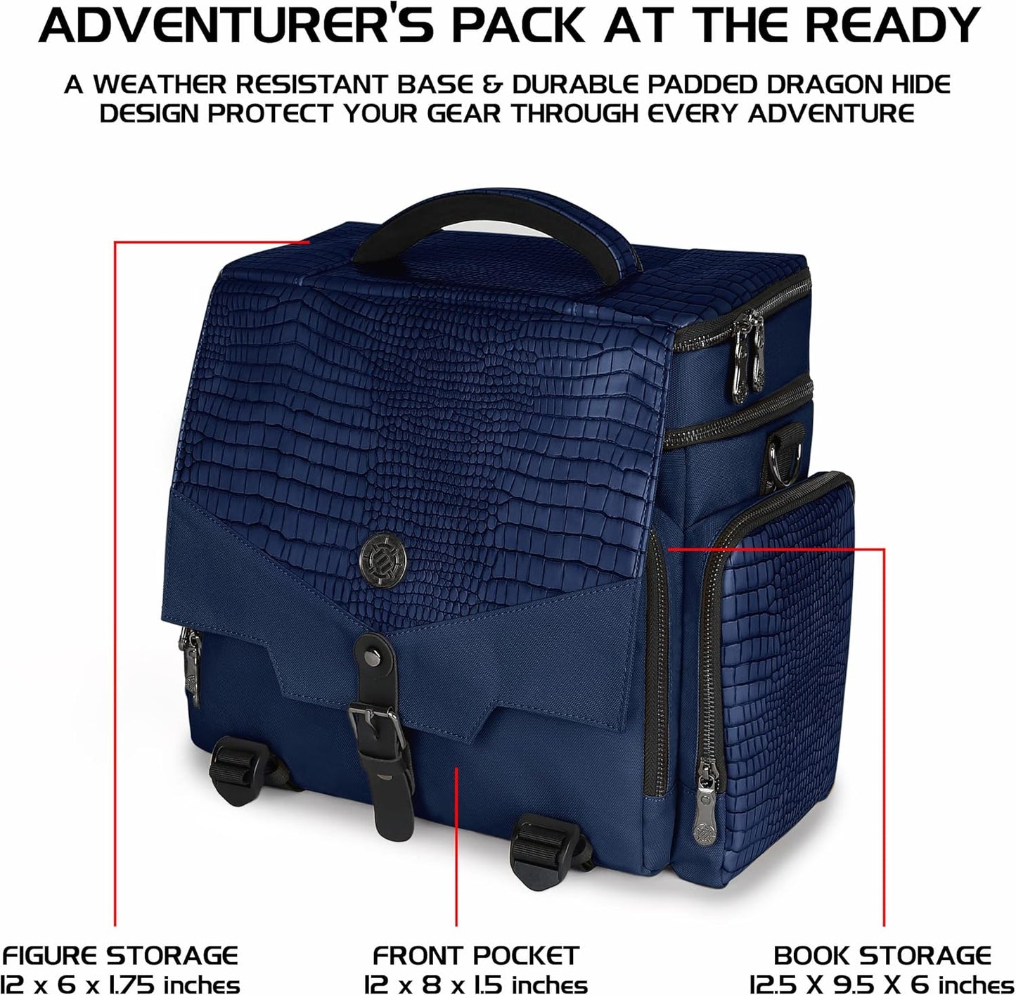 ENHANCE Collector's Edition RPG Adventurer's DND Bag - Dragon Hide Exterior Travel RPG Bag with Tabletop Miniatures Storage Vault, Mat Holder, DND Dice & Token Pockets, Fits 4-8 Books (Dragon Blue