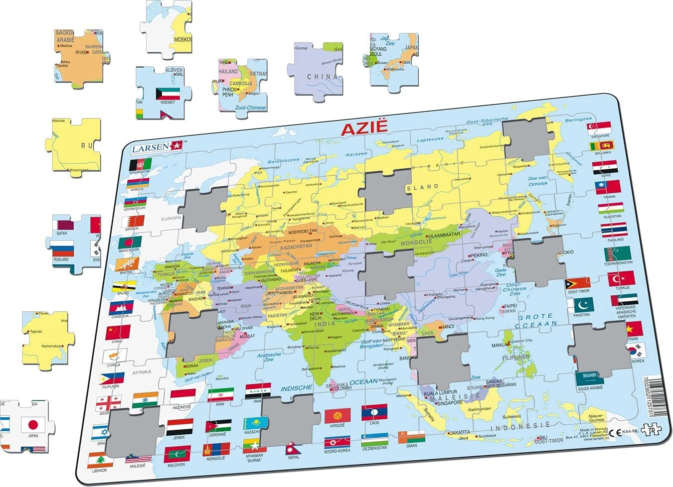 Larsen K44 Mappa Politica Asia, Edizione Olandese, Puzzle Incorniciato con 70 Pezzi
