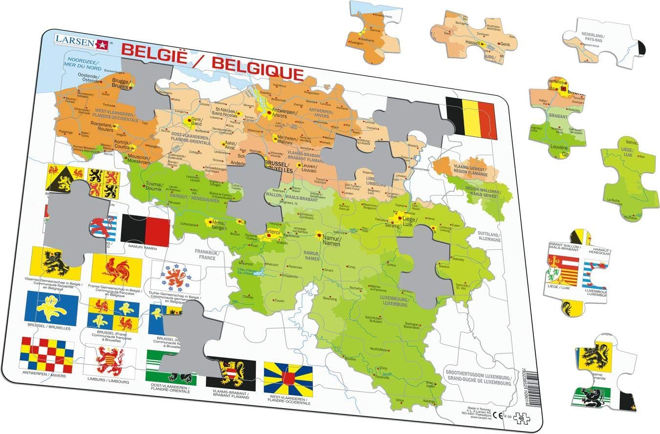 Larsen K59 Belgie Politieke Kaart, Meertalige (Nederlands/Frans) editie, Frame puzzel met 48 stukjes