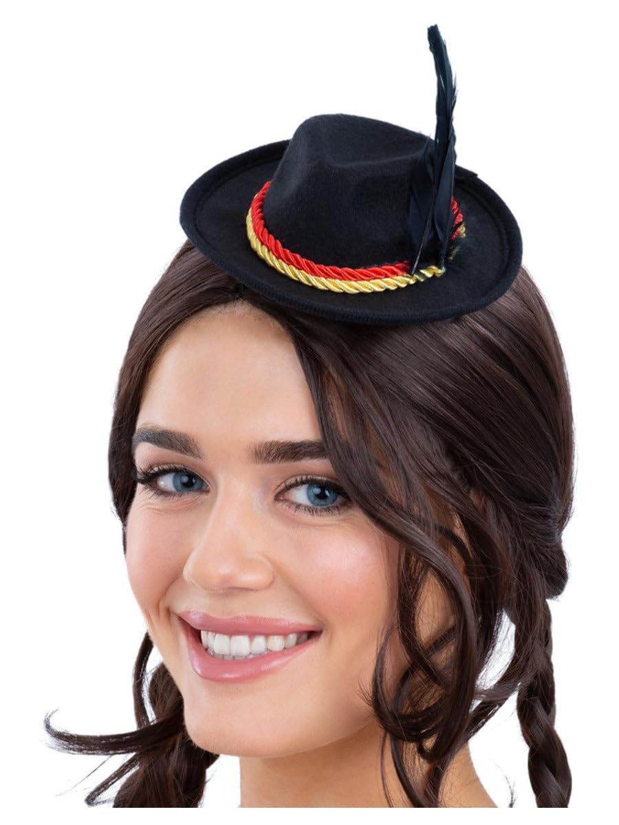 Smiffys Mini Bavarian Trenker Hat, Black with Hair Clips, Party Paperware Fancy Dress, Adult Dress Up Hats