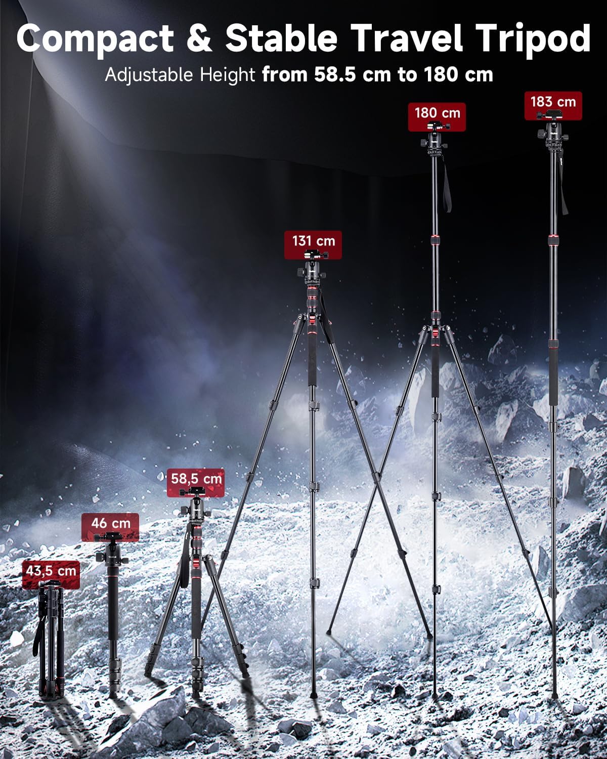 Rollei Compact Traveler No. 2 Black, 180cm Camera Stand with 360° Ball Head Lightweight Aluminum Travel Tripod with Monopod Function Complete Tripod Units for DSLR & Phone with Phone Holder