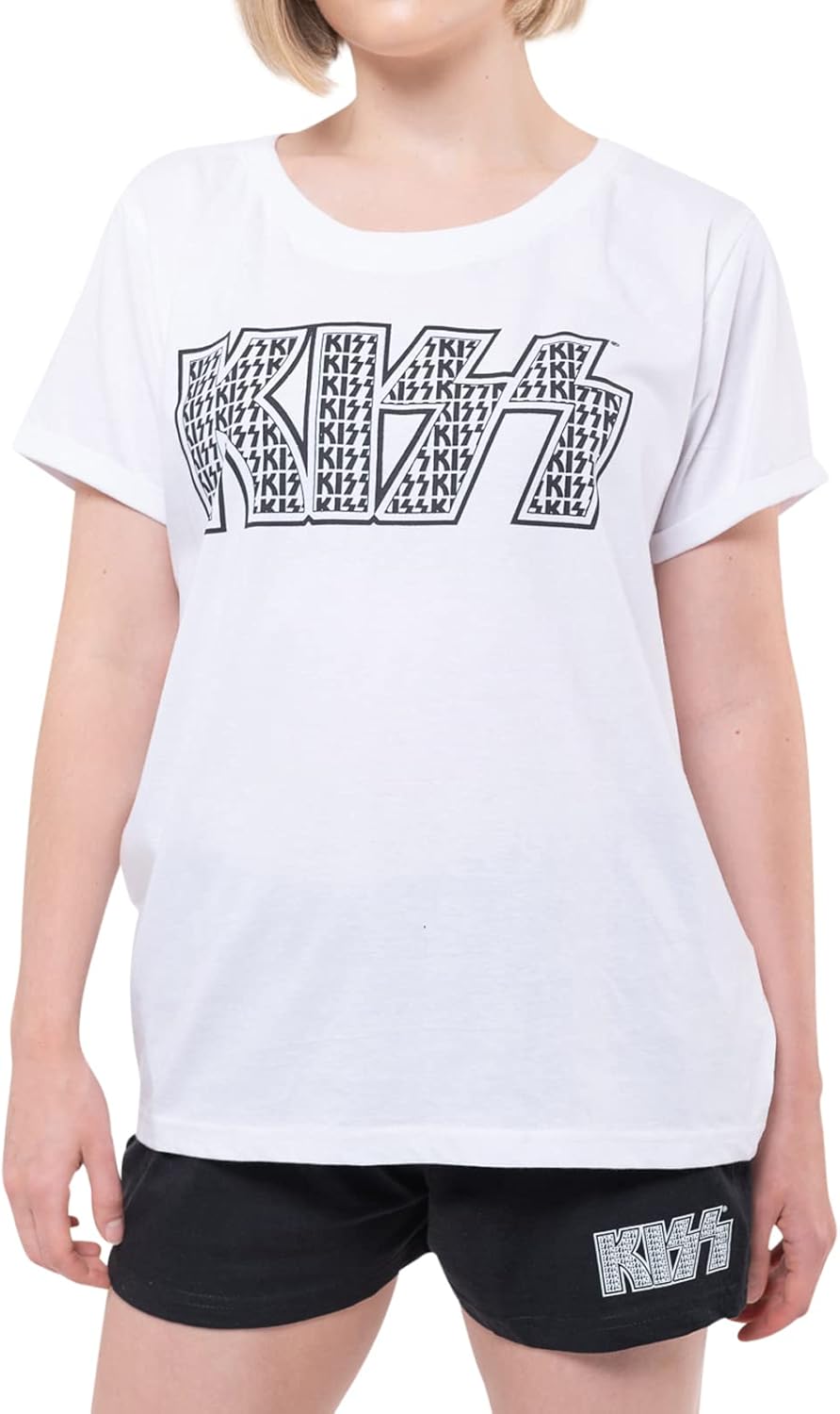 KISS Pyjamas Band Logo Infill Nuovo Ufficiale da Donna Bianca & Nero