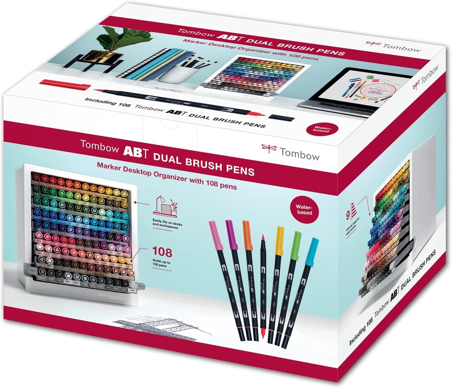 Tombow ABT-108C-ORGA ABT Dual Brush Pen Marker Desktop Organiser Set – 107 ABT Dual Brush Pens + Blender, extendable, compact 9-level pen storage, customisable labels included