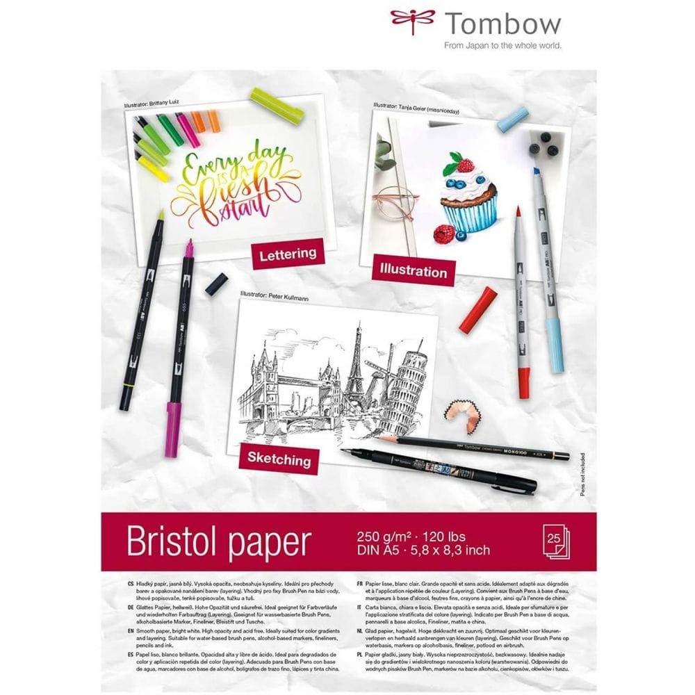 Tombow Bristol Drawing Paper DIN A5 250 g/m², 25 Sheets, Artist Paper for Sketches and Illustrations, for Brush pens, Markers, Pencils and Crayons