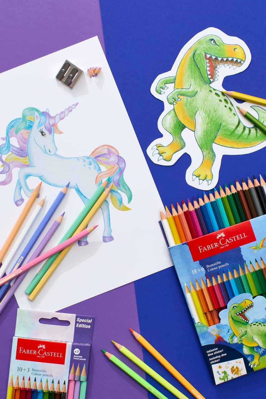Faber-Castell 111213 – Cardboard Case with 13 Coloured Pencils – 10 Classic Colours + 3 Metallic – Dinosaur Edition