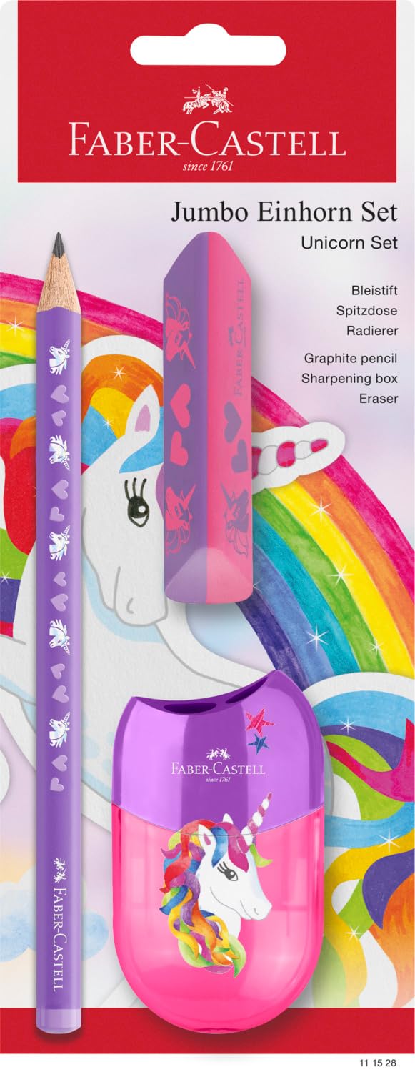 Faber-Castell 111528 Unicorn Writing Set with Jumbo Pencil, Sharpener and Eraser, School Set for Children