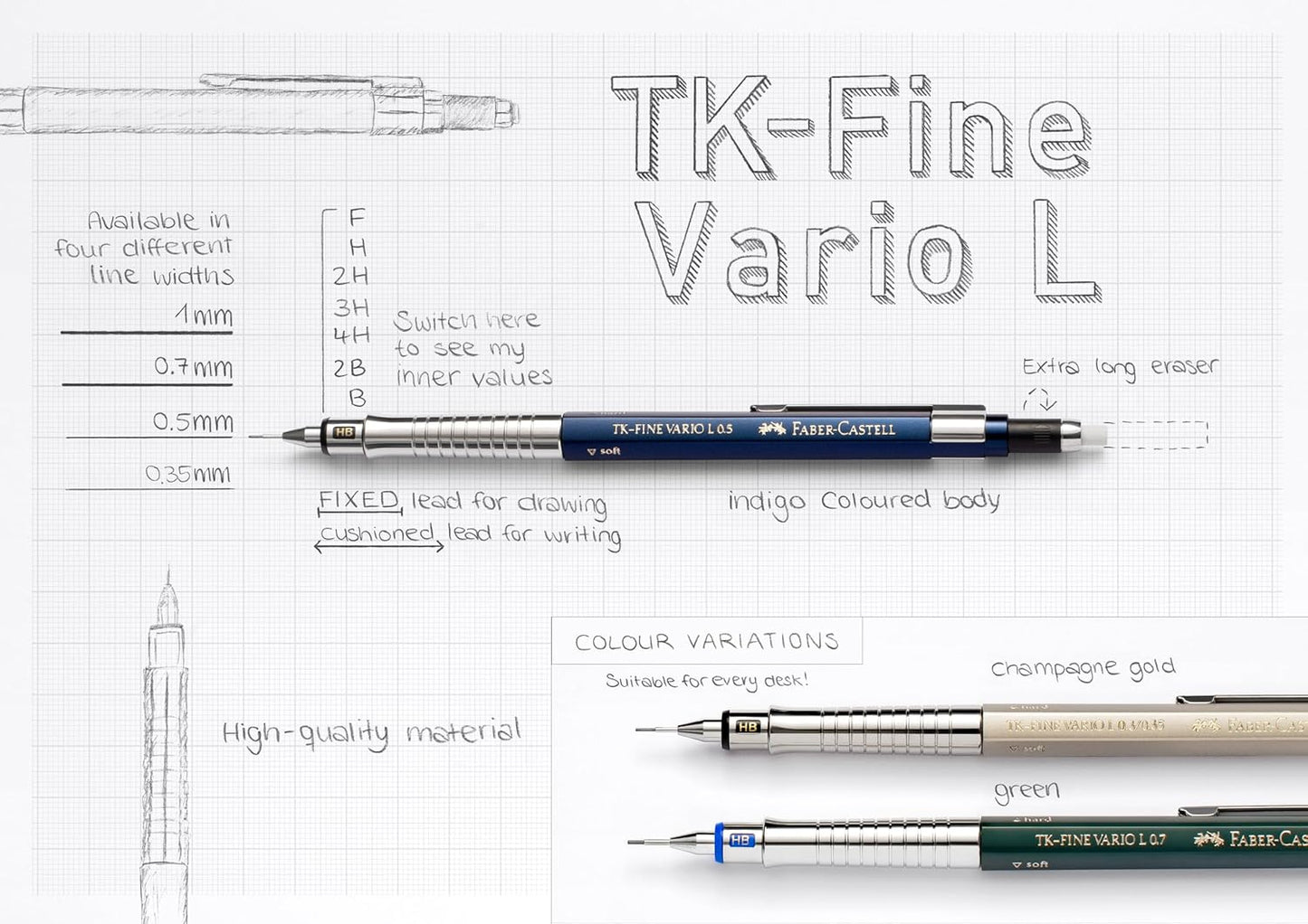 Faber-Castell TK-Fine Vario L 135540 Mechanical Pencil 0.5 mm Champagne Gold with Soft/Hard Mechanism