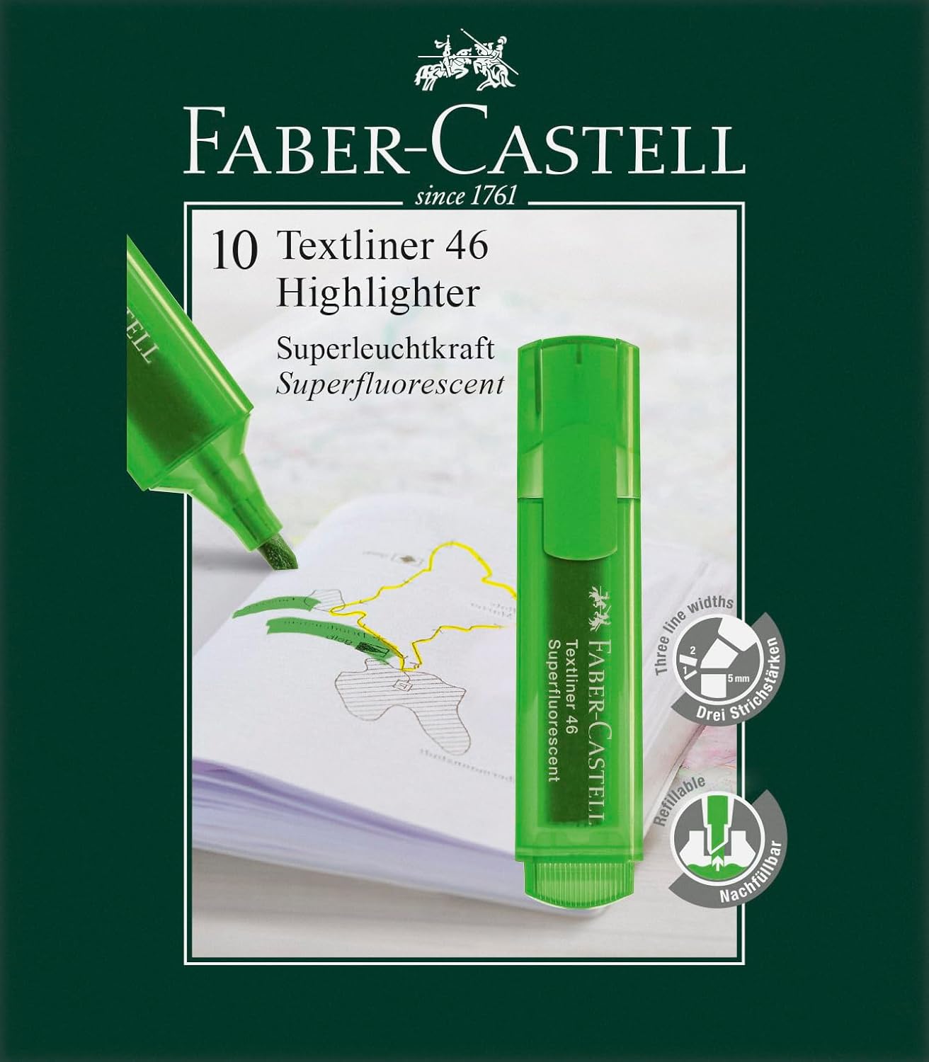 Faber-Castell 1546 Super Fluorescent Textliner - Green (Box of 10