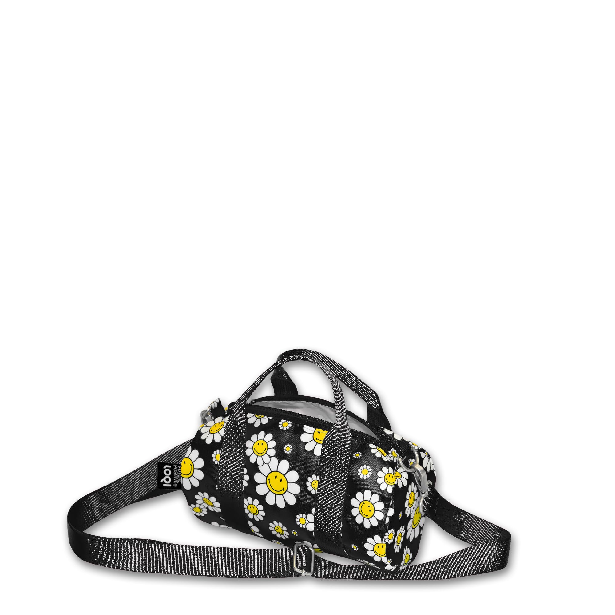 Smiley Flowers Black Recycled Small Weekender, Black, white