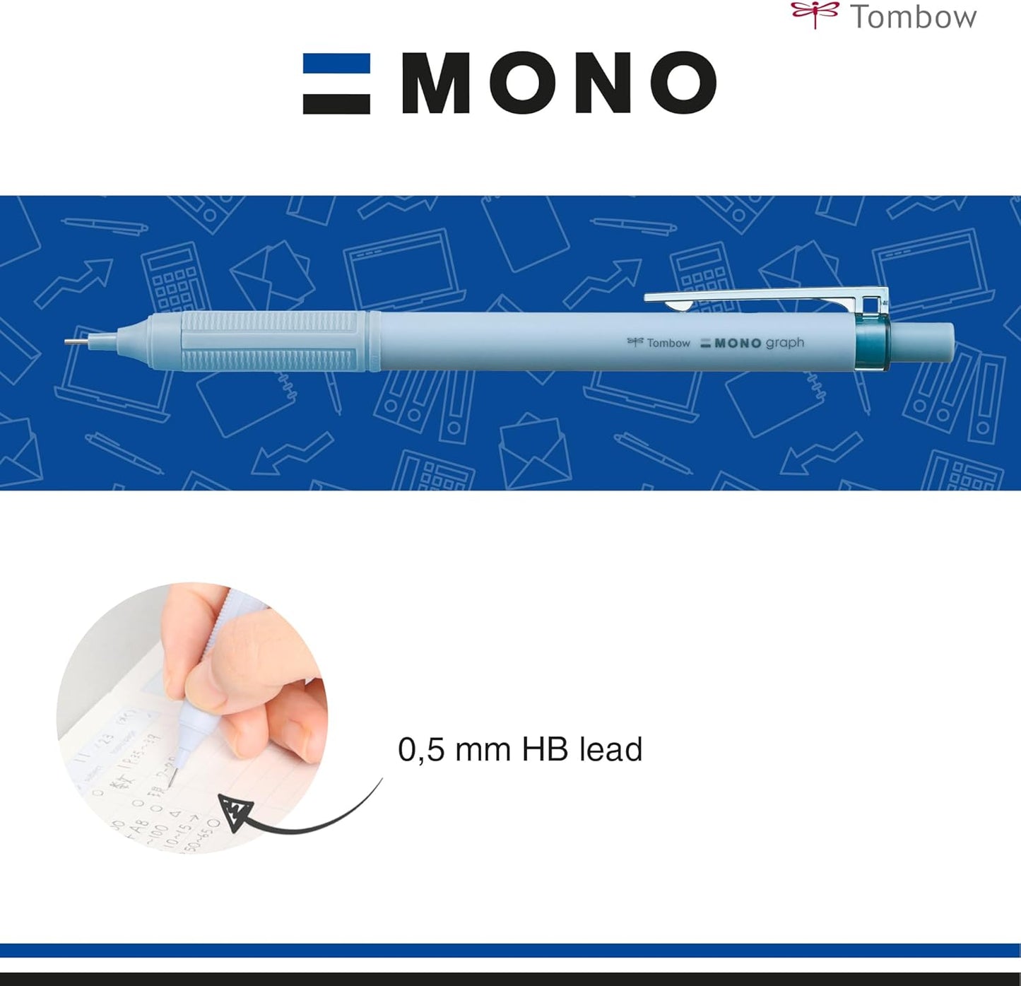 Tombow Mechanical Pencil Mono Graph Lite Smokey Blue, Precision Tip, Comfort Grip, Integrated Eraser, Refillable