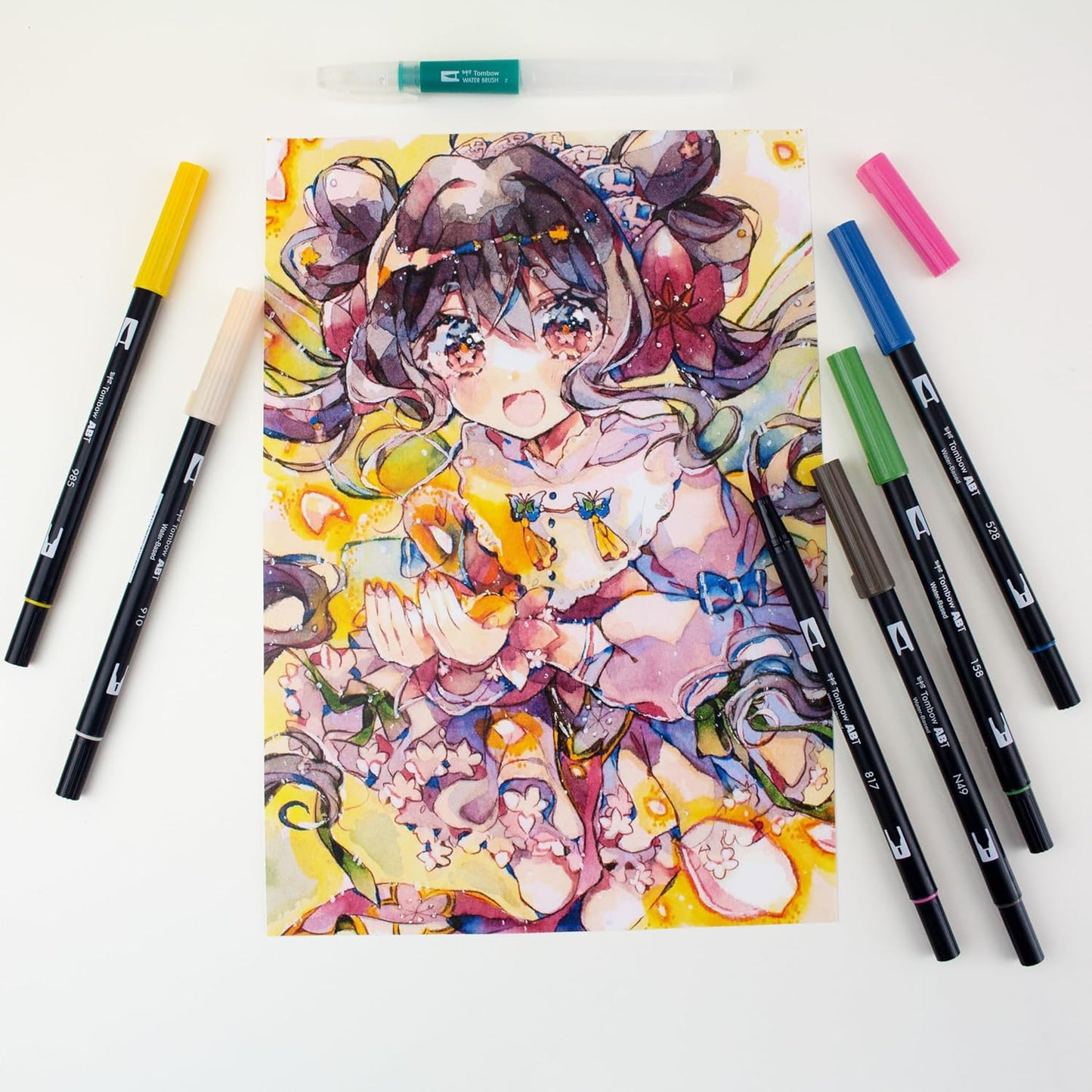 Tombow ABT Dual Brush Pen Watercolour Manga Set Flower, set of 6 + watercolour brushes, colouring templates & video tutorial