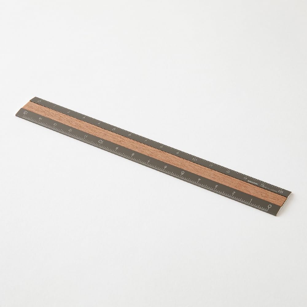 Midori Ruler 42304006, aluminium and wood, 15 cm, grey
