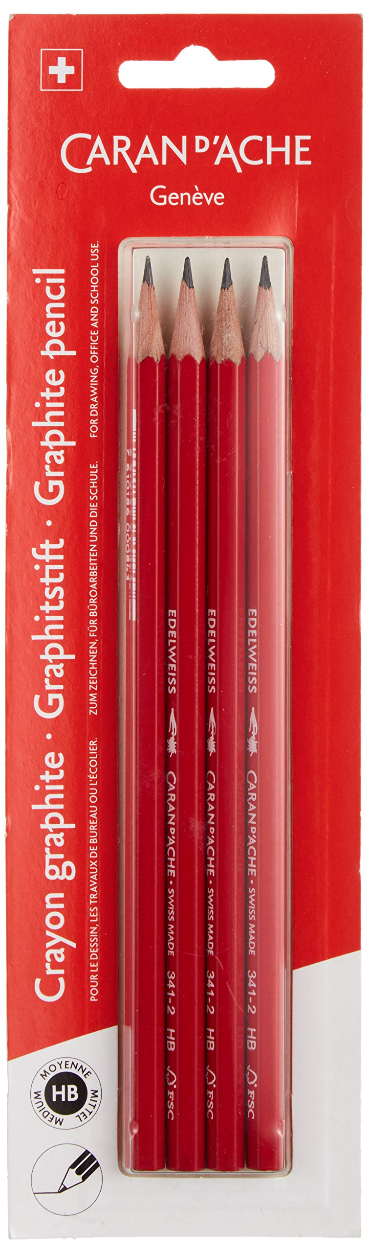 Caran d'Ache d'Ache Edelweiss 0341.372 106230 0341.372 106230 School Pencil Set of 4 Wood Red Hardness HB Blister Packaging Dimensions Approx. 14 cm