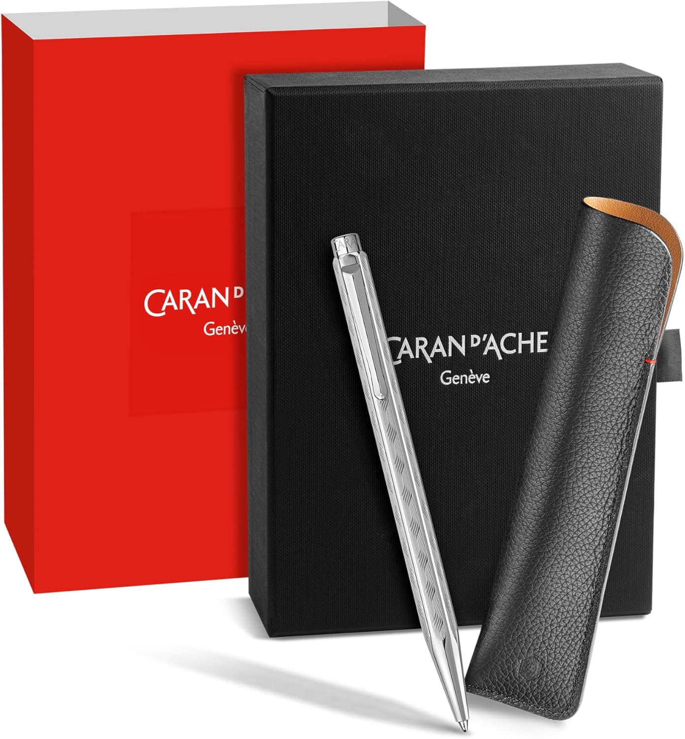 Caran d'Ache 849 ECRIDOR TRESSÉ 8902.024 Platinum Plated Ballpoint Pen with Brass Barrel and Leather Case, Special Edition