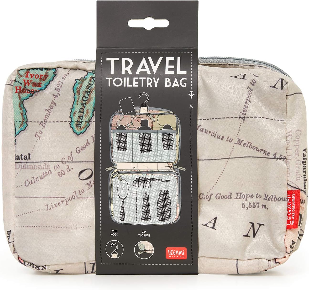Legami - Travel Toiletry Bag, Map, 1 Unit (Pack of 1