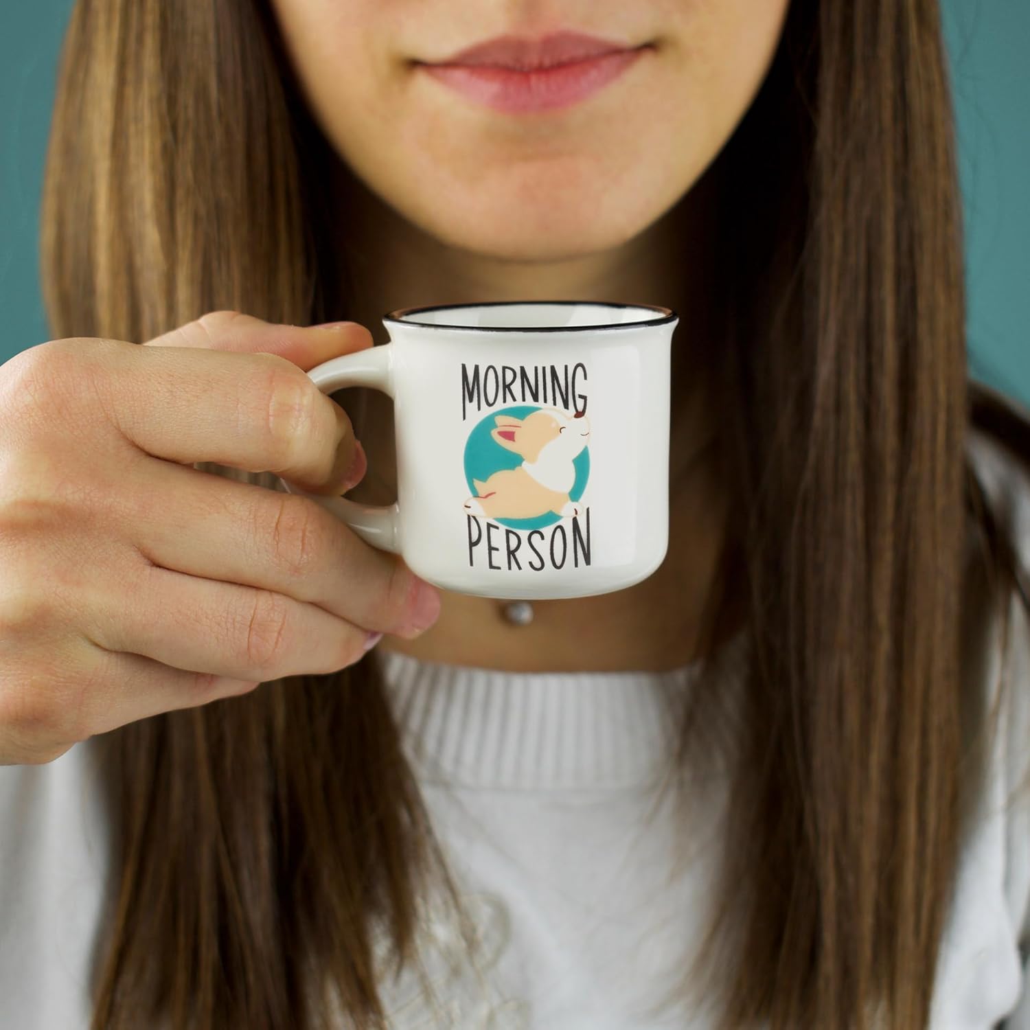 Legami - Espresso for Two Coffee Mugs, Set of 2 New Bone China Coffee Mugs, Dishwasher Safe Coffee Cup, Corgi Morning Person Theme, Diameter 5.5 cm, Capacity 50 ml