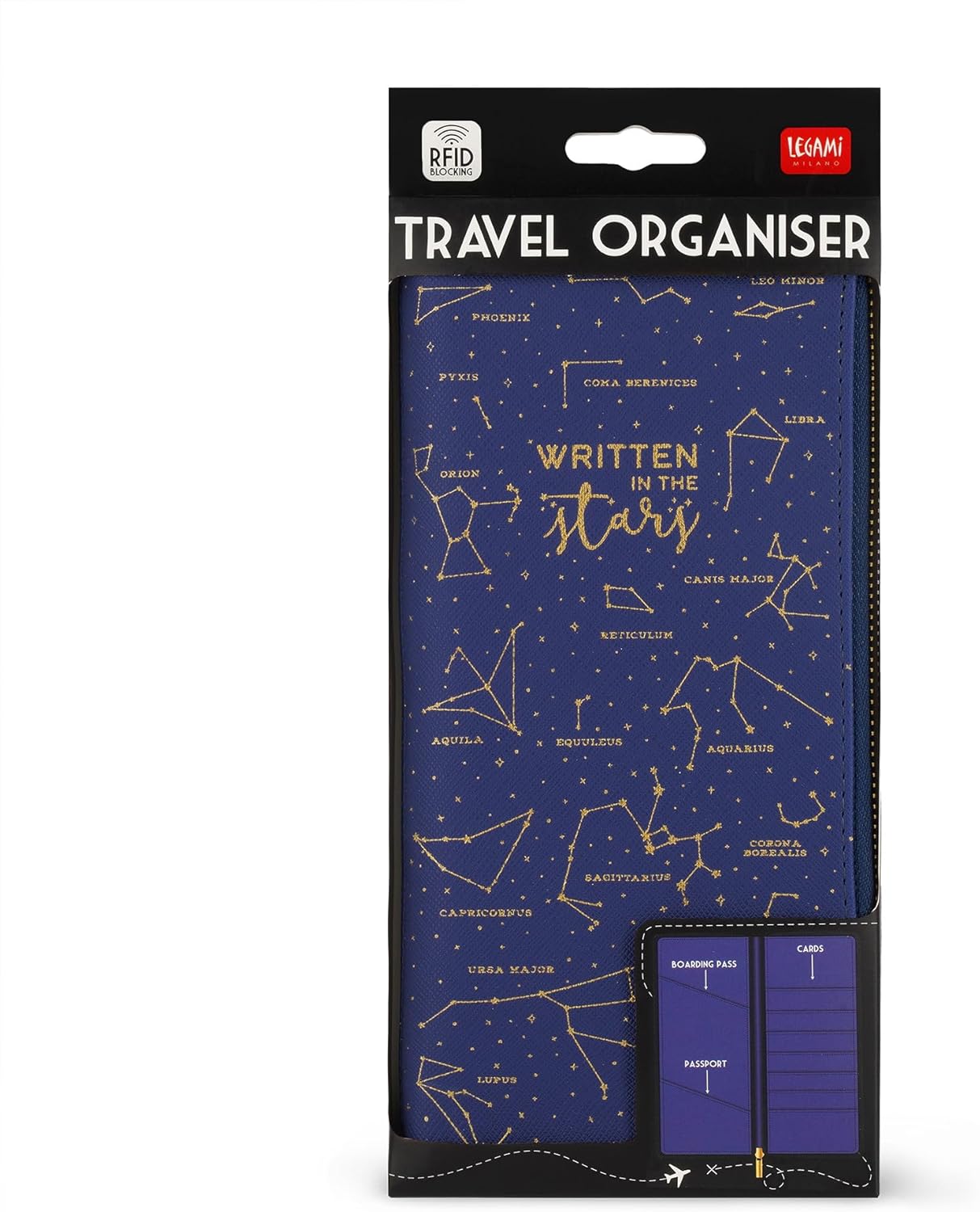 Legami - Blue Travel ID Card Holder, RFID Blocking Passport Organizer, 4 Large Pockets, 7 Small Pockets, Zip Closure, 11 x 24 x 3 cm, Stars Theme, Blue, L, Casual