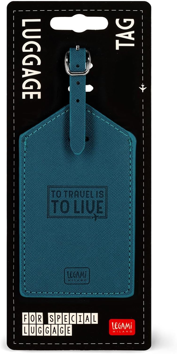 Legami - Luggage Tag, Luggage Tag for Suitcase, Accessory for Airplane Cruise Train, Luggage Tag for Data Protection in PU Leather and Microfibre, Petrol Blue