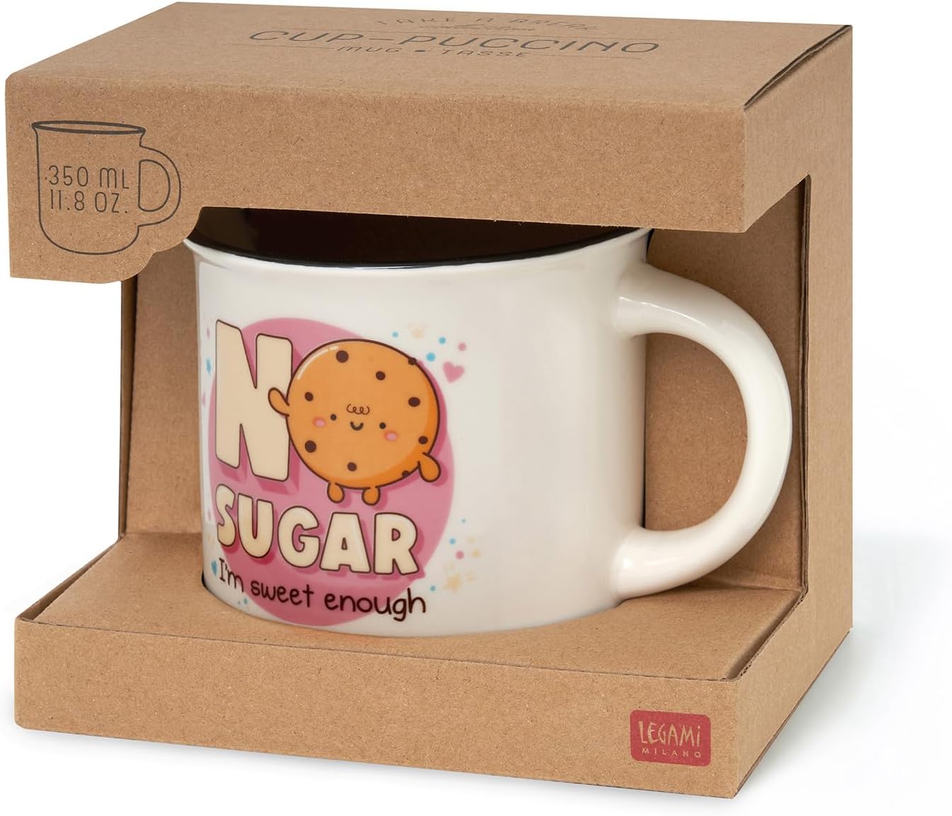 Legami - Cuppuccino Mug, New Bone China, Breakfast Cup, Dishwasher Safe Coffee Tea Mug, Diameter 10 cm, Capacity 350 ml, No Sugar Theme