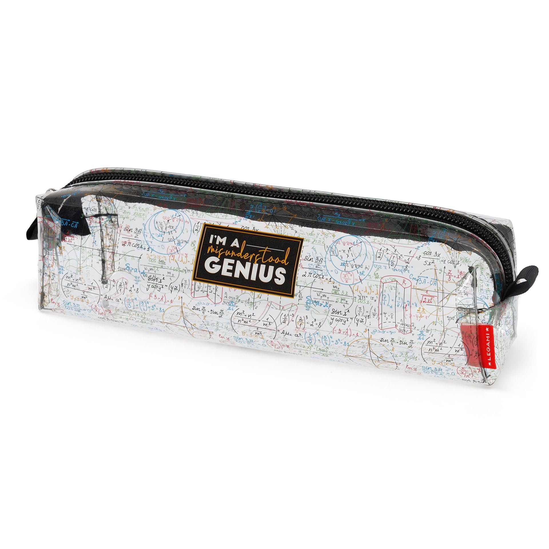 Legami - Transparent Pencil Case, Pencil Case for Highlighter Pens, School Pen Holder for Children Boys and Adults, Zip Closure, Size 19.5 x 5.5 x 5.5 cm, Genius Theme, White, Practical