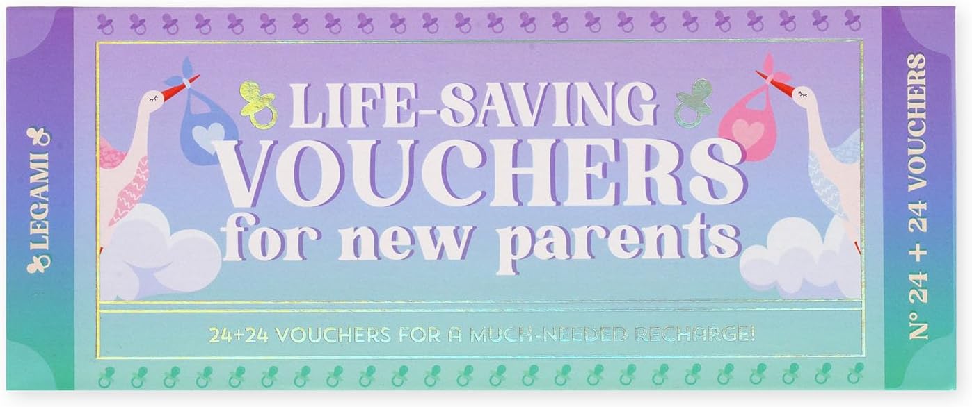 Legami - Pad of 48 (24 + 24) New Parents Voucher with Tear Punch, Gift Idea, New Parent Theme, 8" x 3.35"