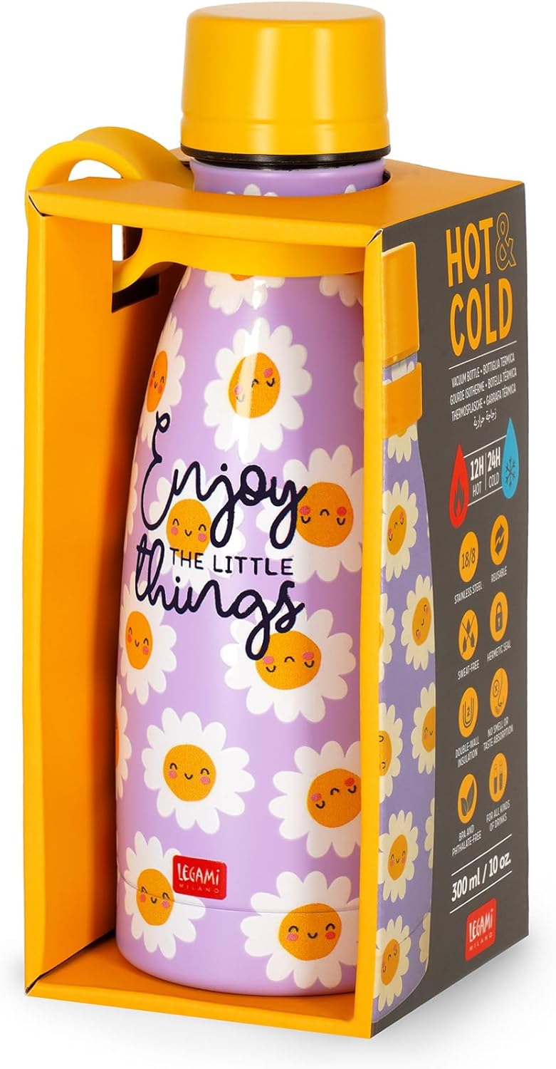 LEGAMI - Hot & Cold Mini Vacuum Flask, Lightweight and Durable Thermal Water Bottle, Hermetic Closure, Removable Silicone Handle, Stainless Steel, Capacity 300 ml, Daisy Theme