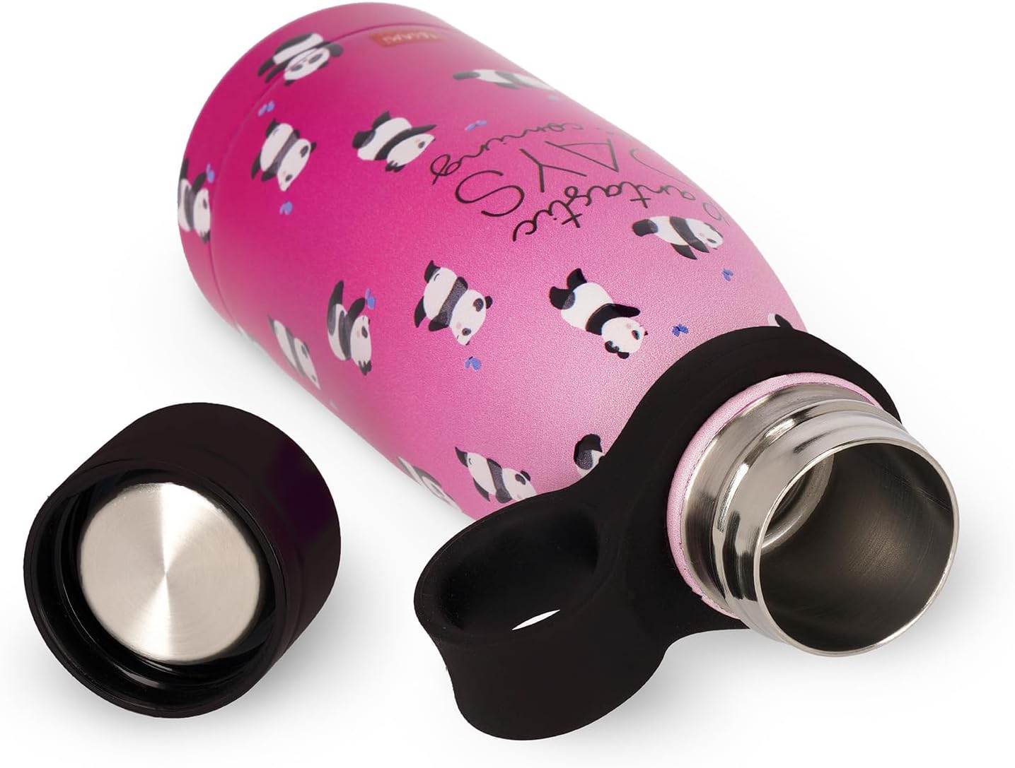 Legami - Hot & Cold Mini Vacuum Flask, Lightweight and Durable Thermal Water Bottle, Hermetic Closure, Removable Silicone Handle, Stainless Steel, Capacity 300 ml, Panda Theme