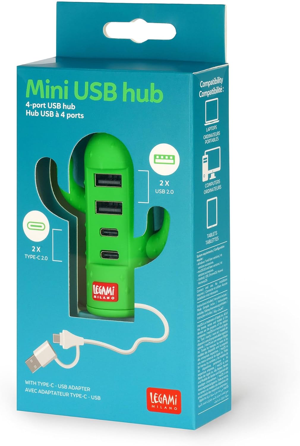 LEGAMI - Mini USB Hub with 4 Ports, Compatible with USB 1.0/1.1/2.0, Windows 2000/XP/7/8/10, MacOS from 8.5, Linux Kernel from 2.4