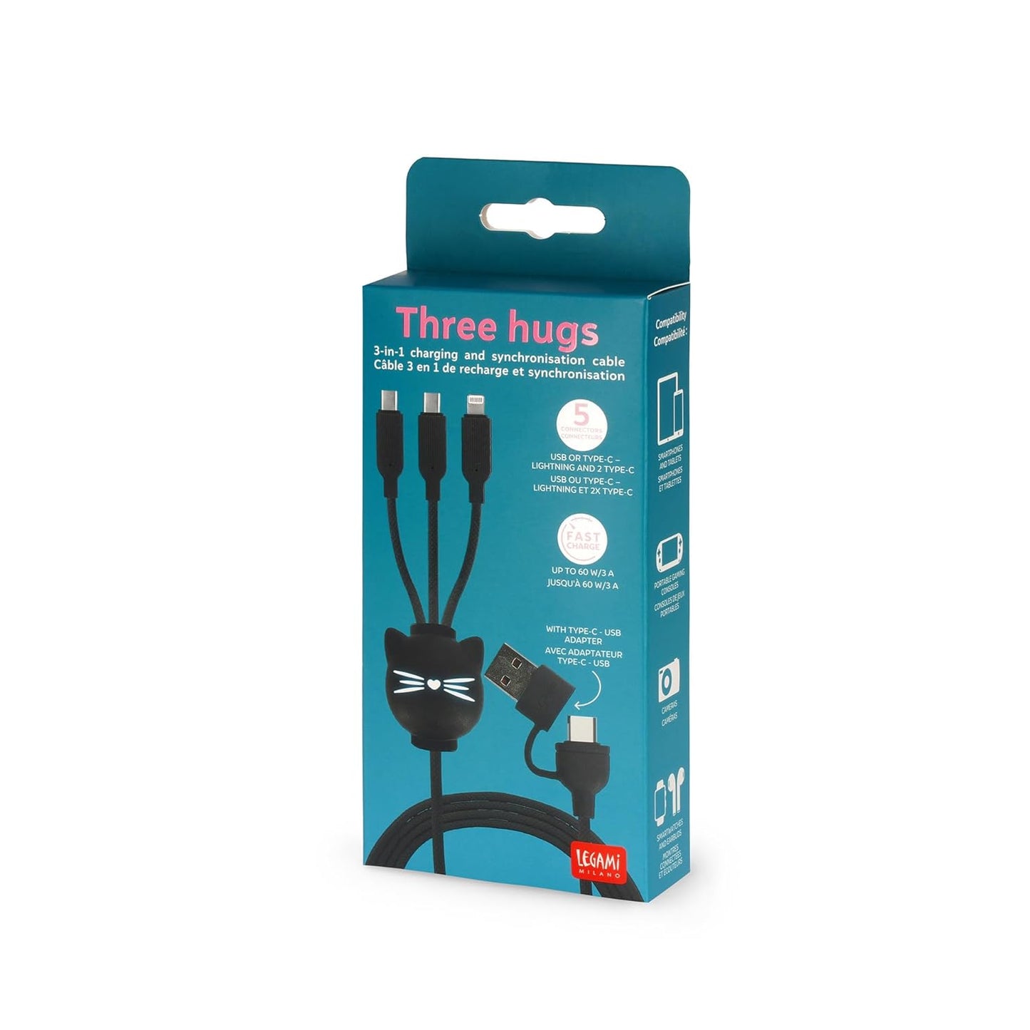 LEGAMI - Three Hugs Kitty 3 in 1 Charging and Sync Cable 5 Ports with Type-C USB Adapter Fast Charge up to 60W/3A Length 120cm