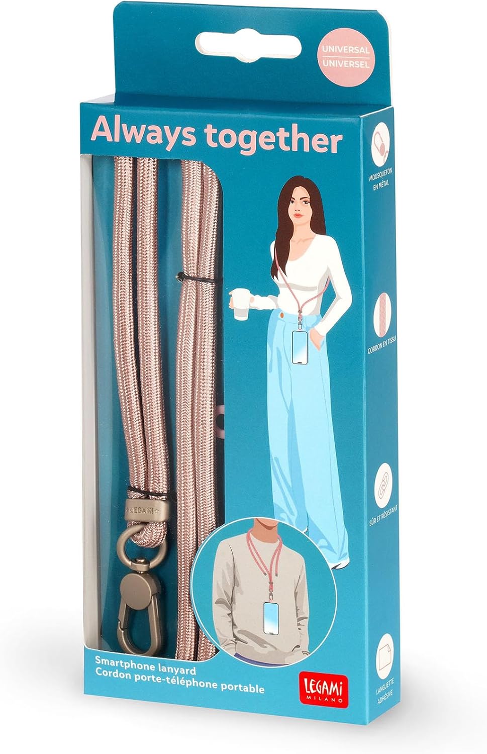 LEGAMI - Always Together, Smartohone Laynard Adjustable Neck Strap with Metal Hook, Secure Clasp, Sticker, Rose Gold, 70 cm