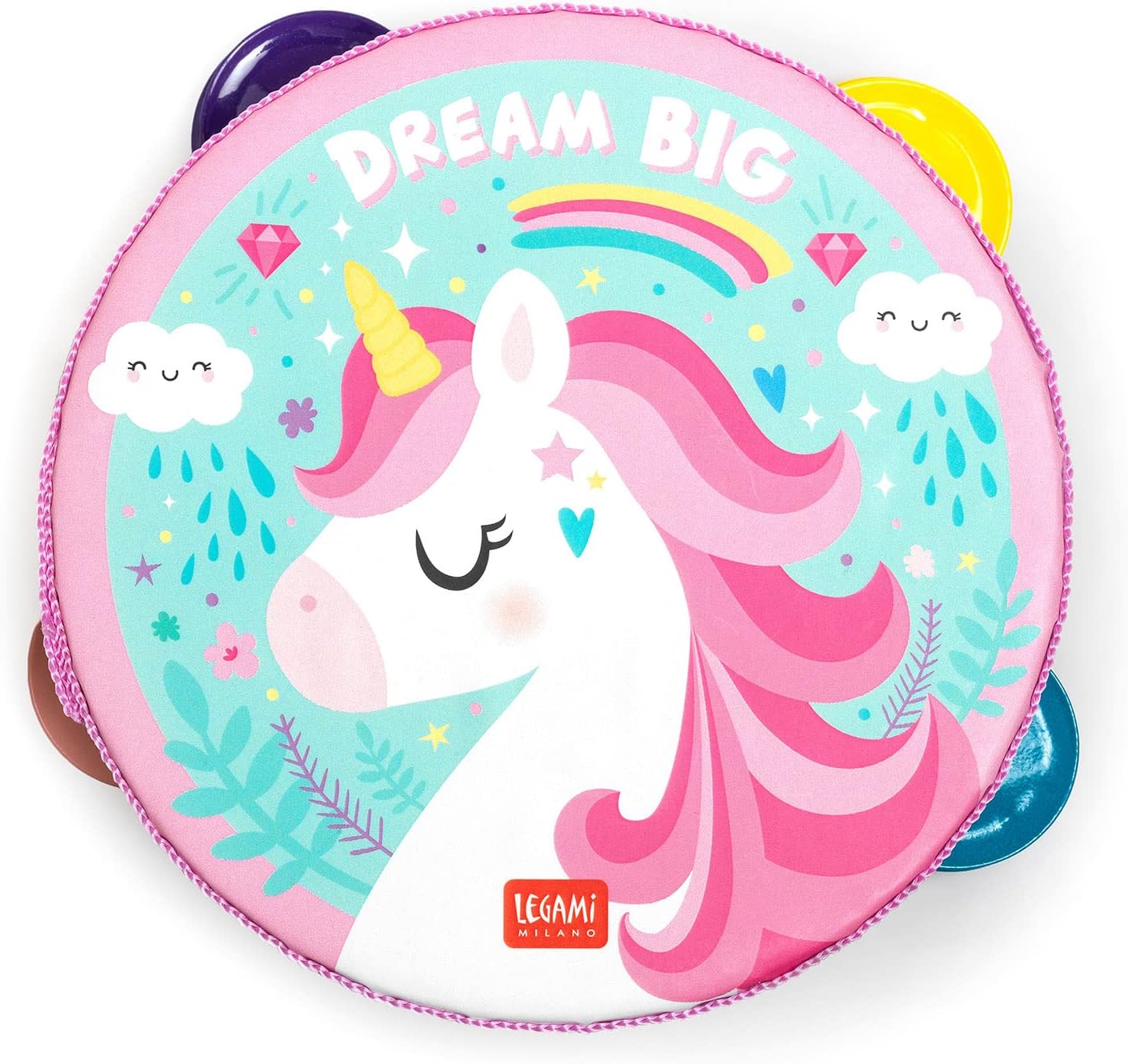 Legami - Tambourine, for Children, with 4 Rattles, improves coordination, motor skills, sense of rhythm, Ø 14.5 cm, Unicorn theme