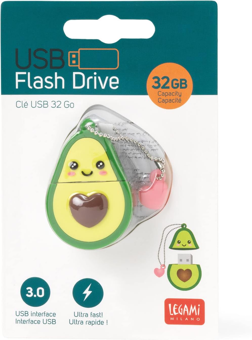 Legami - USB 3.0 stick, 32 GB, ultra fast, Soft PVC coating, 4x4.8 cm, Avocado Theme