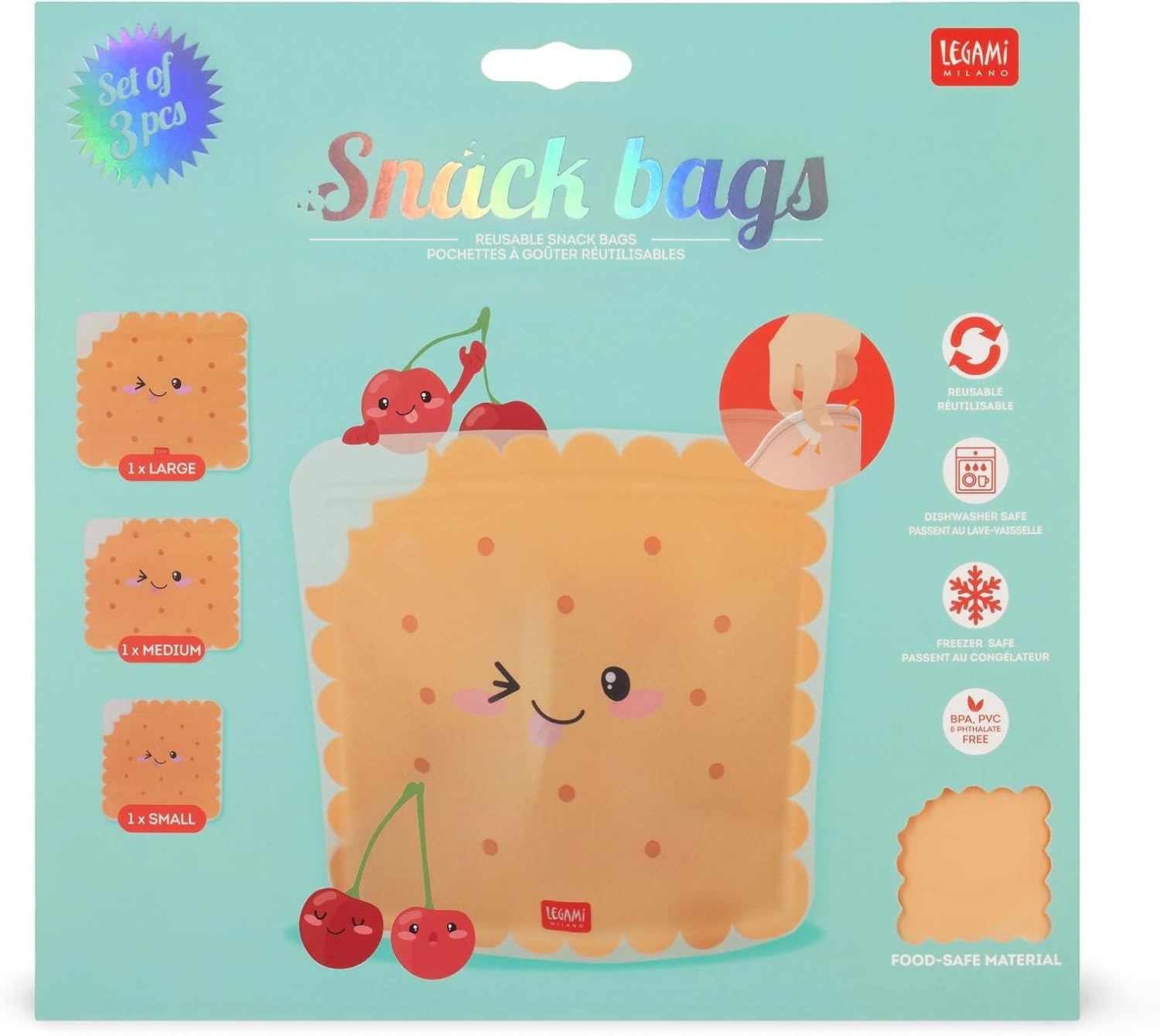 Legami Set di 3 Buste per Alimenti, 3 Diverse Misure S, M, L, Sacchetti Richiudibili, Riutilizzabili, Lavabili in Lavastoviglie, Snack Bags Pratici