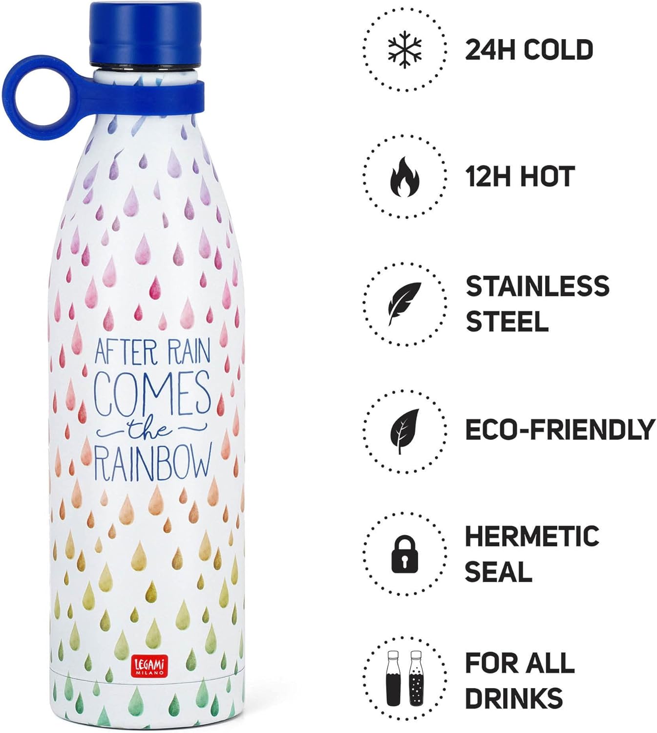 Legami - Bottiglia Termica, 800 ml, Borraccia leggera e resistente, Chiusura ermetica,12 Ore Bevande calde 24 Ore fredde, ecologica, Manico in Silicone rimovibile, in Acciaio inox, senza BPA