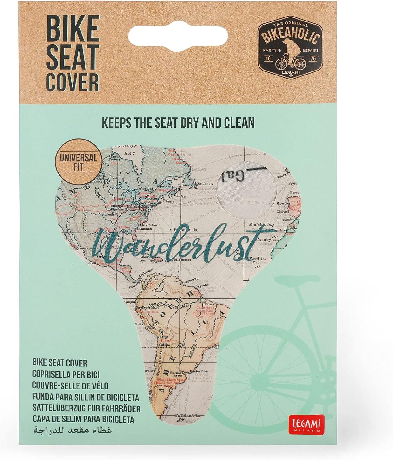 Legami - Bicycle Seat Cover, Water Repellent, Universal Fit, Rainproof, Dustproof, Edging with Elastic, 23 x 26 cm, Travel Theme