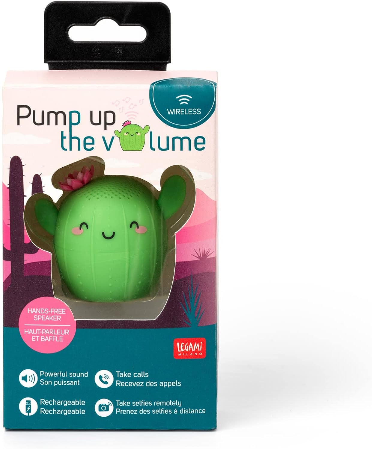 Legami - Mini Handsfree and Wireless Speaker, Pump Up The Volume, 5.8 x 5 cm, External Rubber Coating, Plastic Interior, Cactus Theme, Remote Selfie