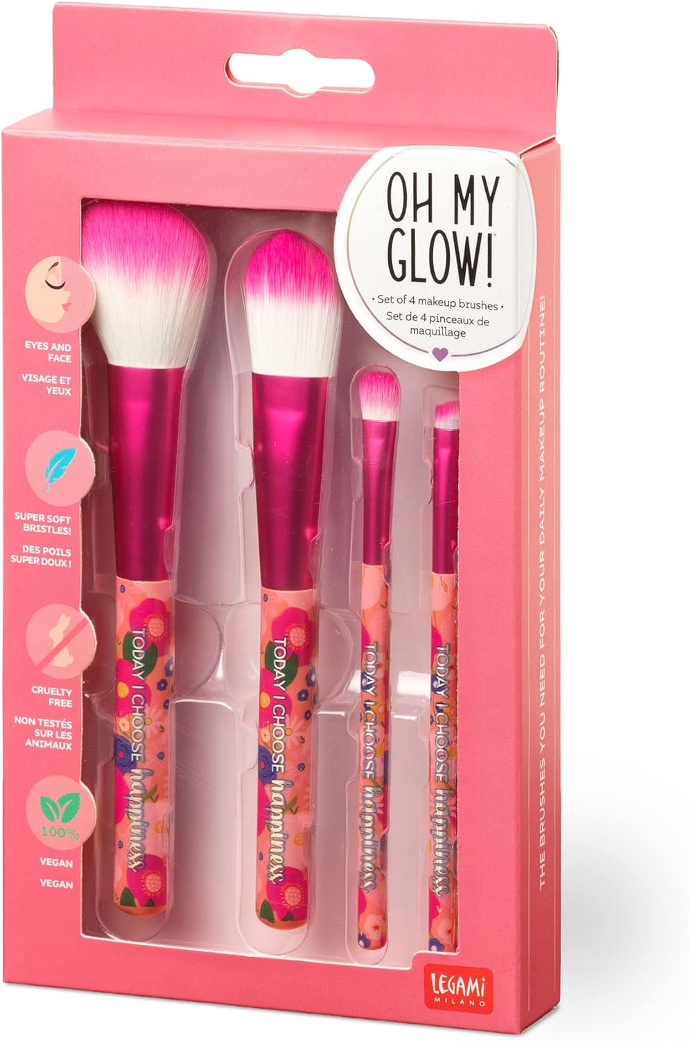 Legami - Set of 4 Makeup Brushes, Oh My Glow! Flowers Theme, Includes Powder Brush, Foundation Brush, Eyeshadow Brush, Eyeliner Brush, 100% Vegan, Travel Format