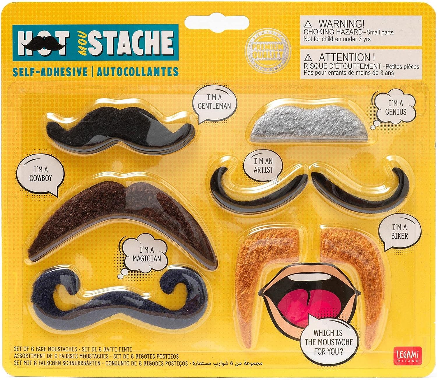 Legami - Set of 6 Self-Adhesive-Hot MOU-Stache Fake Mustache, FMU0001