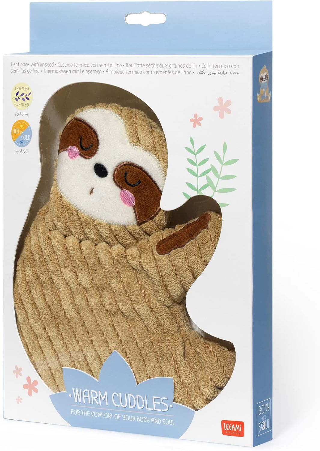 Legami - Warm Cuddles Thermal Cushion Made of Linen, Dried Lavender Flowers, Polyester and Cotton, Give You Relax, Sloth Motif, 29 x 26.5 cm