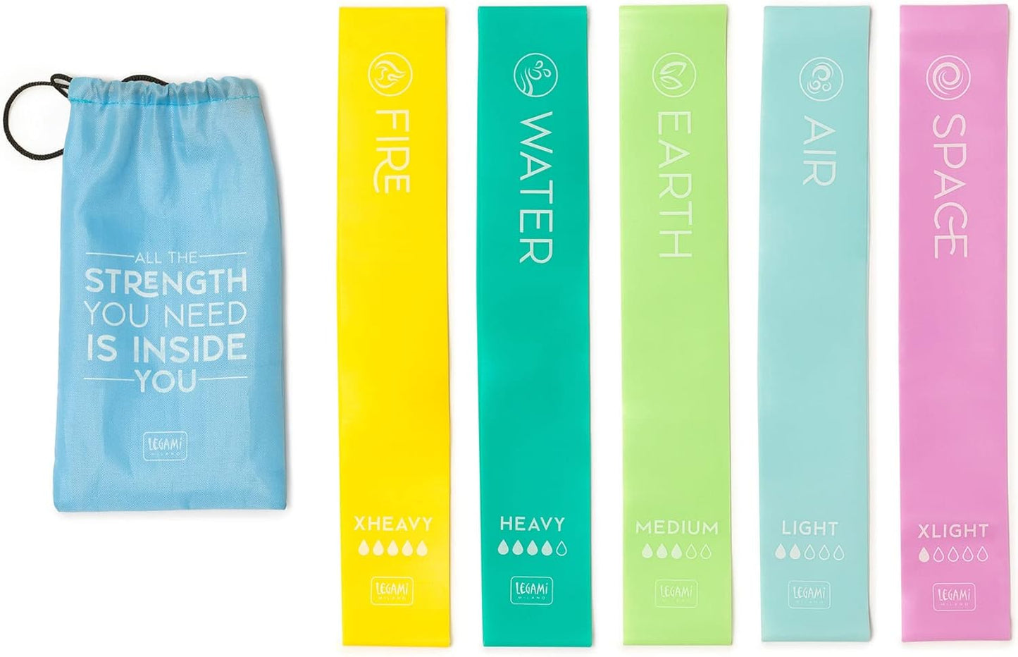 Legami - Set of 5 Fitness Elastics, 5 Resistance Levels, Manual with Exercise Instructions and Case included, 30x5 cm
