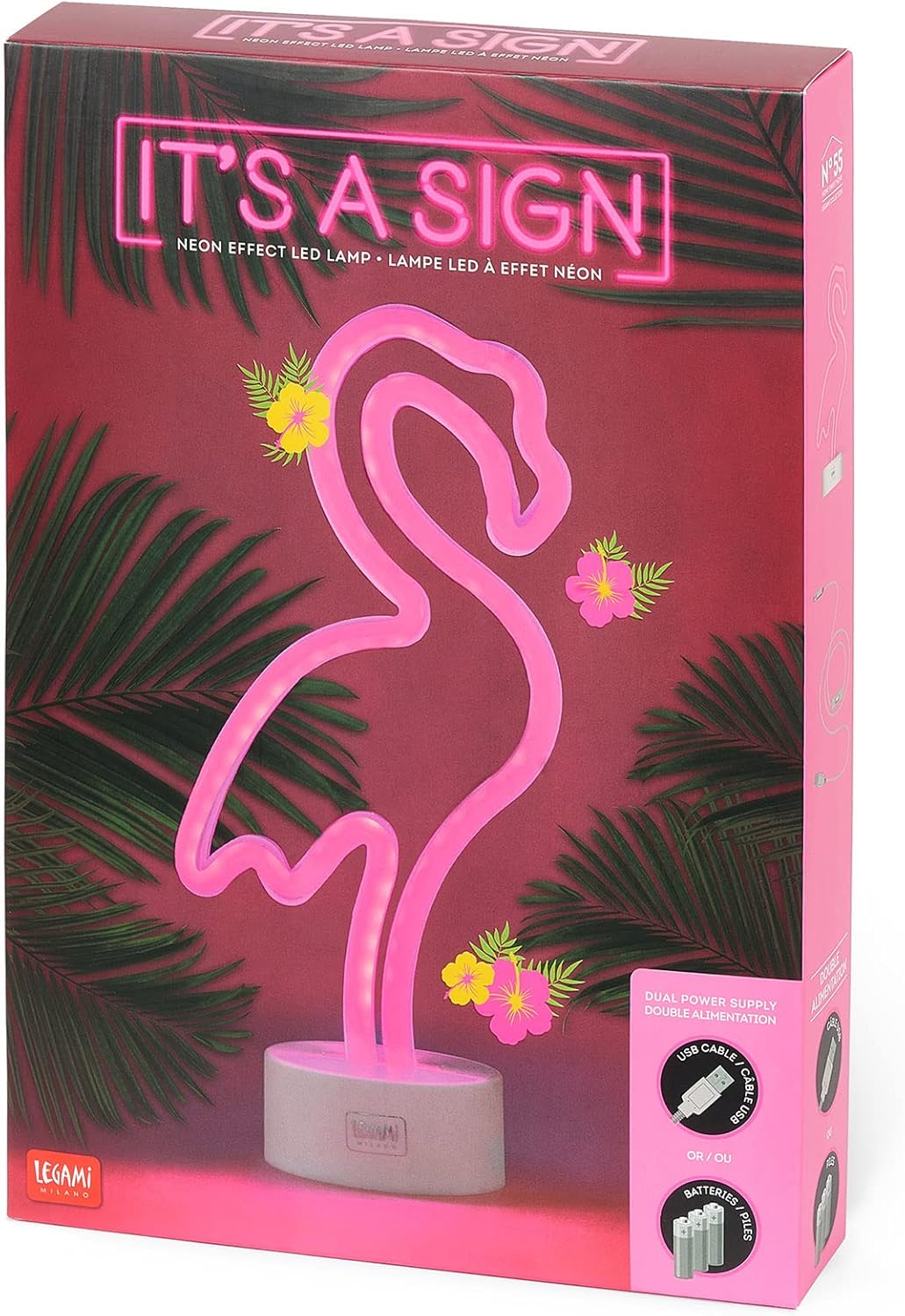 Legami - Neon Effect Led Lamp, It's a Sign, H 32.5 cm, Flamingo Theme, Dual Power, USB Cable (Included) or Batteries (not included), Table Lamp, Multicolor Light