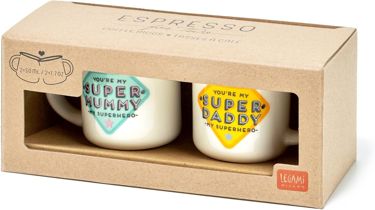 Legami - Espresso for Two, 2 New Bone China Porcelain Coffee Cups, Capacity 50 ml, Mum and Dad, Dishwasher Safe, Microwave Safe