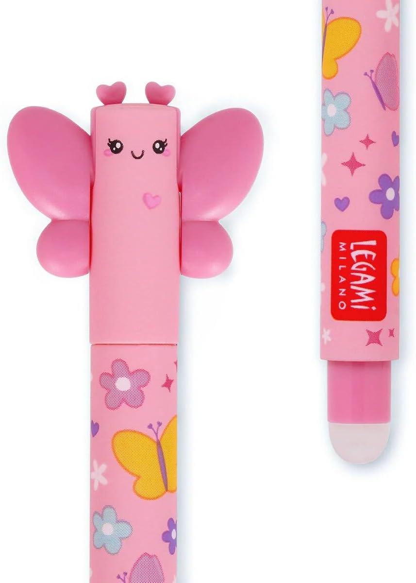 LEGAMI Butterfly - Pink Ink Erasable Gel Pen - Ball End for Ink Removal - 0.7mm Tip - Roller Ball Pen