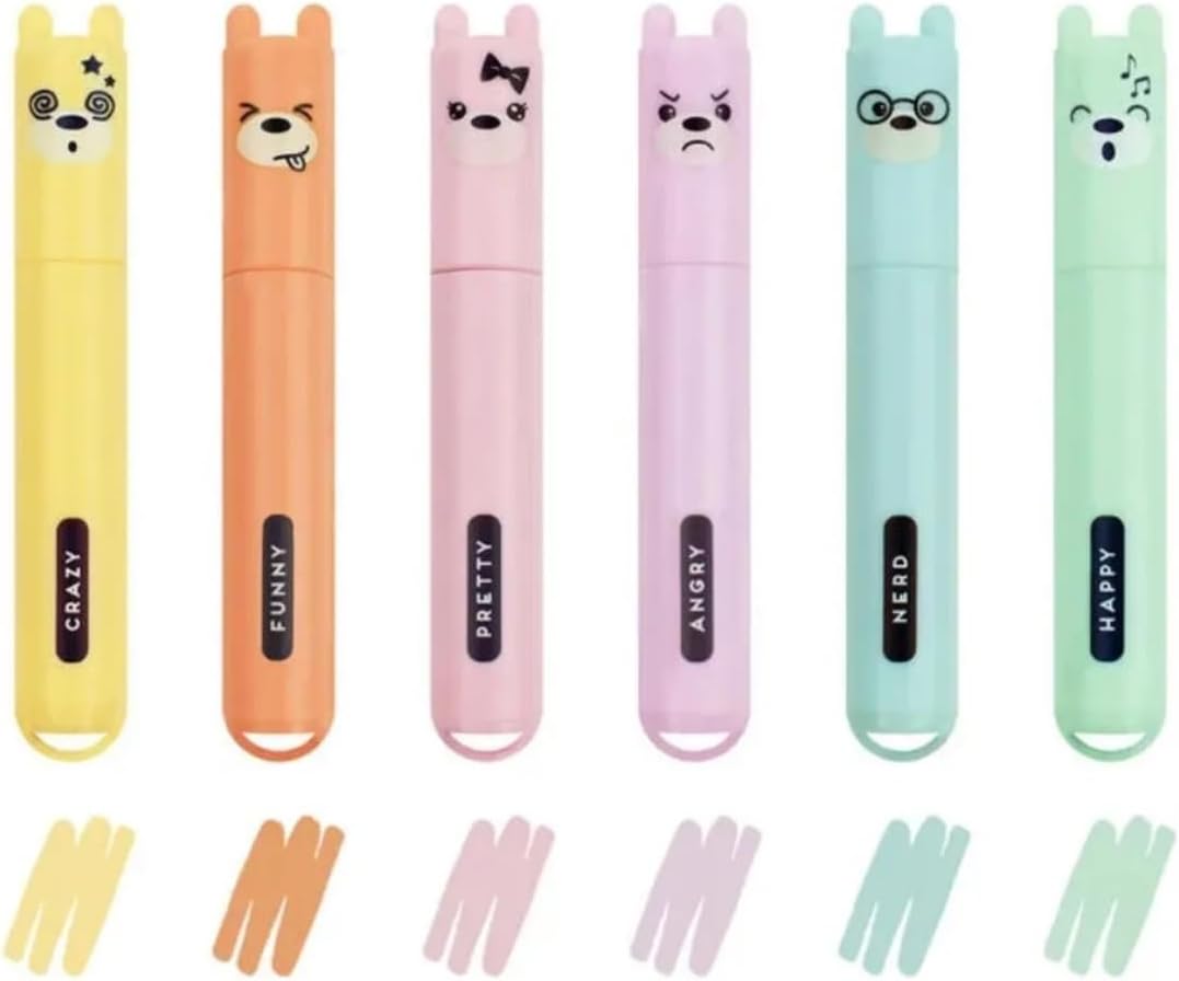 Legami Teddy’s Style Set of 6 Mini Highlighters, 1 x 7.5 cm, Yellow, Peach, Pink, Lilac, Light Blue, Light Green, for Precision Highlighting and Underlining