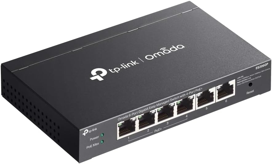 TP-Link ES206GP 6 Port Gigabit PoE Network Switch, 4x PoE+ Ports, 65W Total Budget, Network Switch, Omada Ethernet Switch, Ethernet Splitter, Metal Case, Easy Cloud Managment, Silent operation
