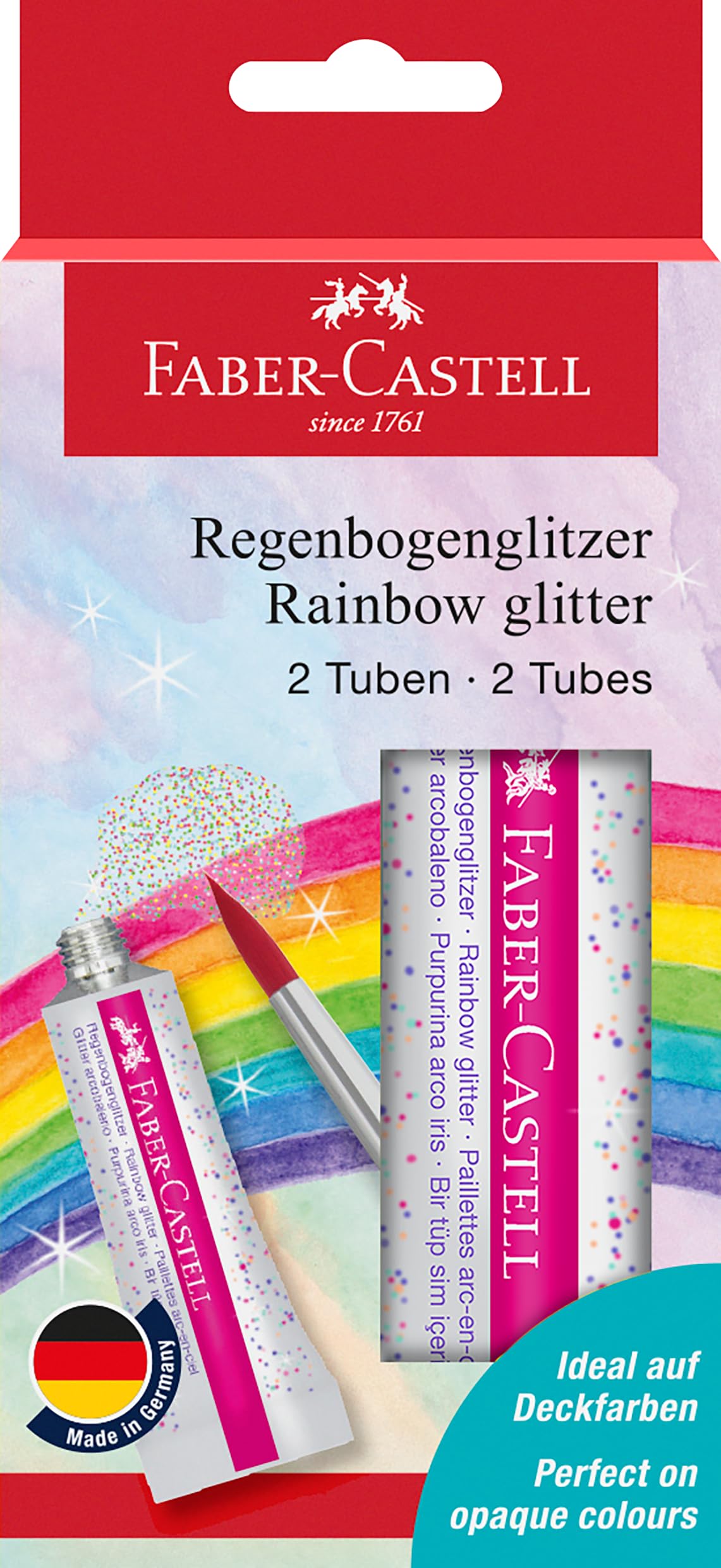 FABER-CASTELL 205213 Glitter Rainbow and Glow In The Dark, 2 x 12 ml, for Painting and Crafts (2 Rainbow